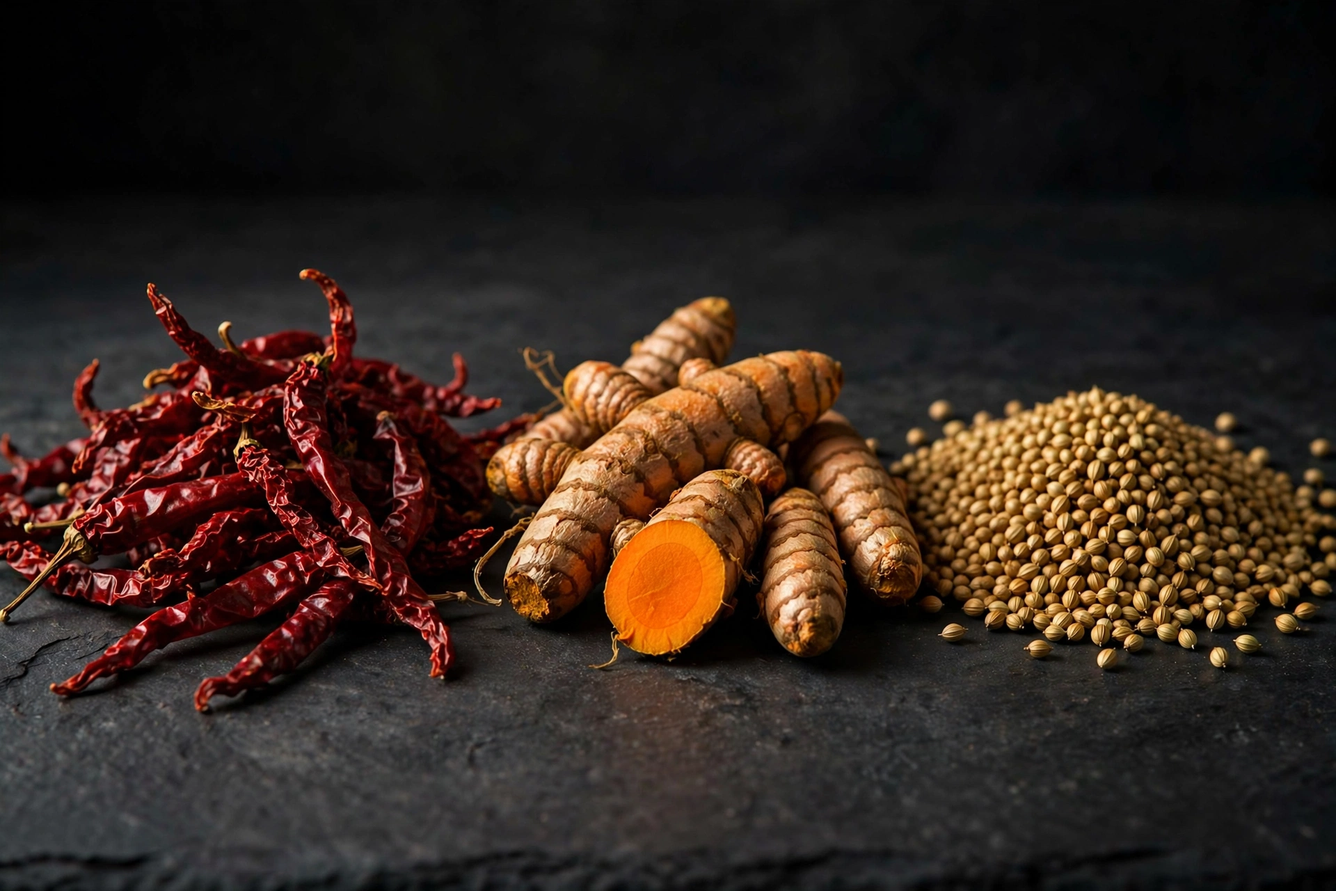 Raw whole spices — chillies, turmeric, coriander