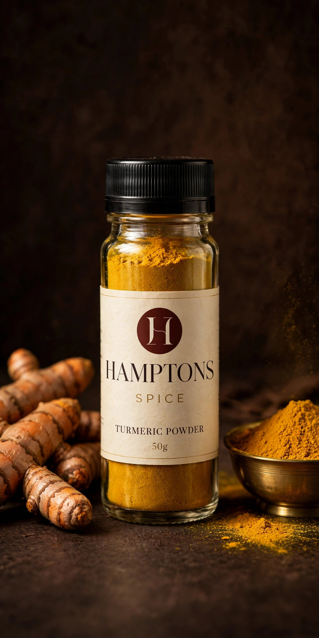 Pure turmeric powder showing natural golden colour in glass bottle